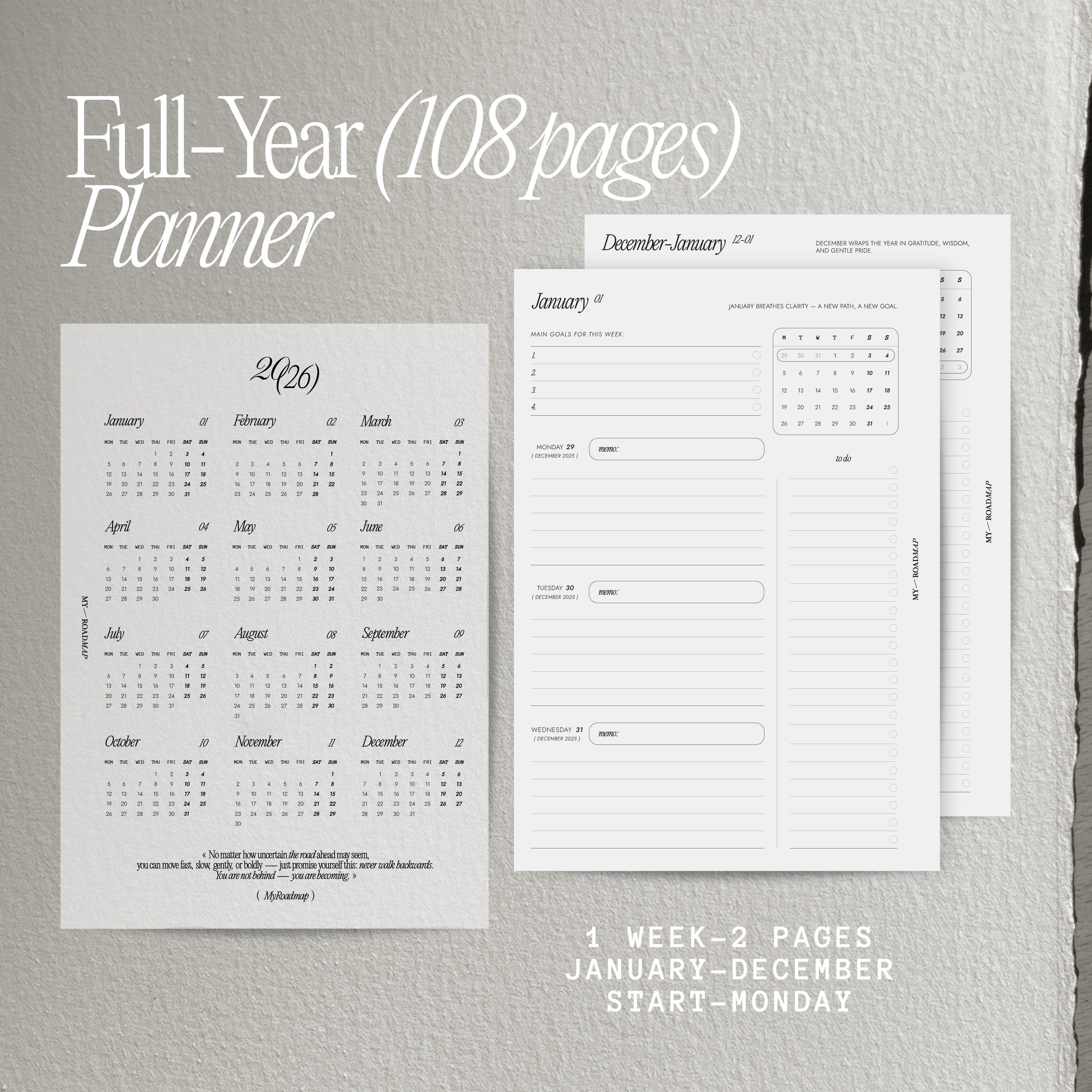 Datierte Kalendereinlagen 2026 (108 Seiten für 52 Wochen) + Dashboard Kalender