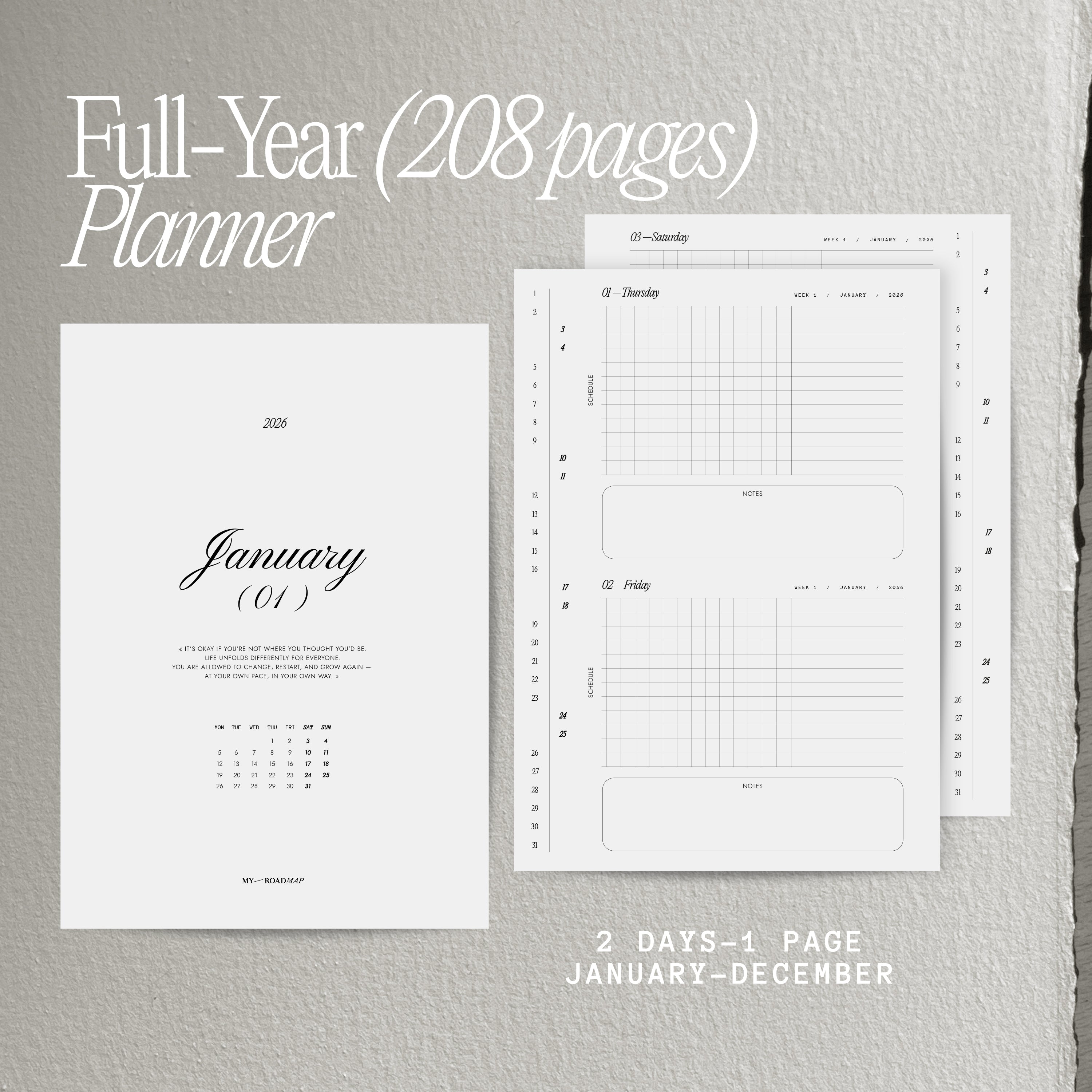 Calendar inserts dated 2026 — 2 days per page with monthly overview