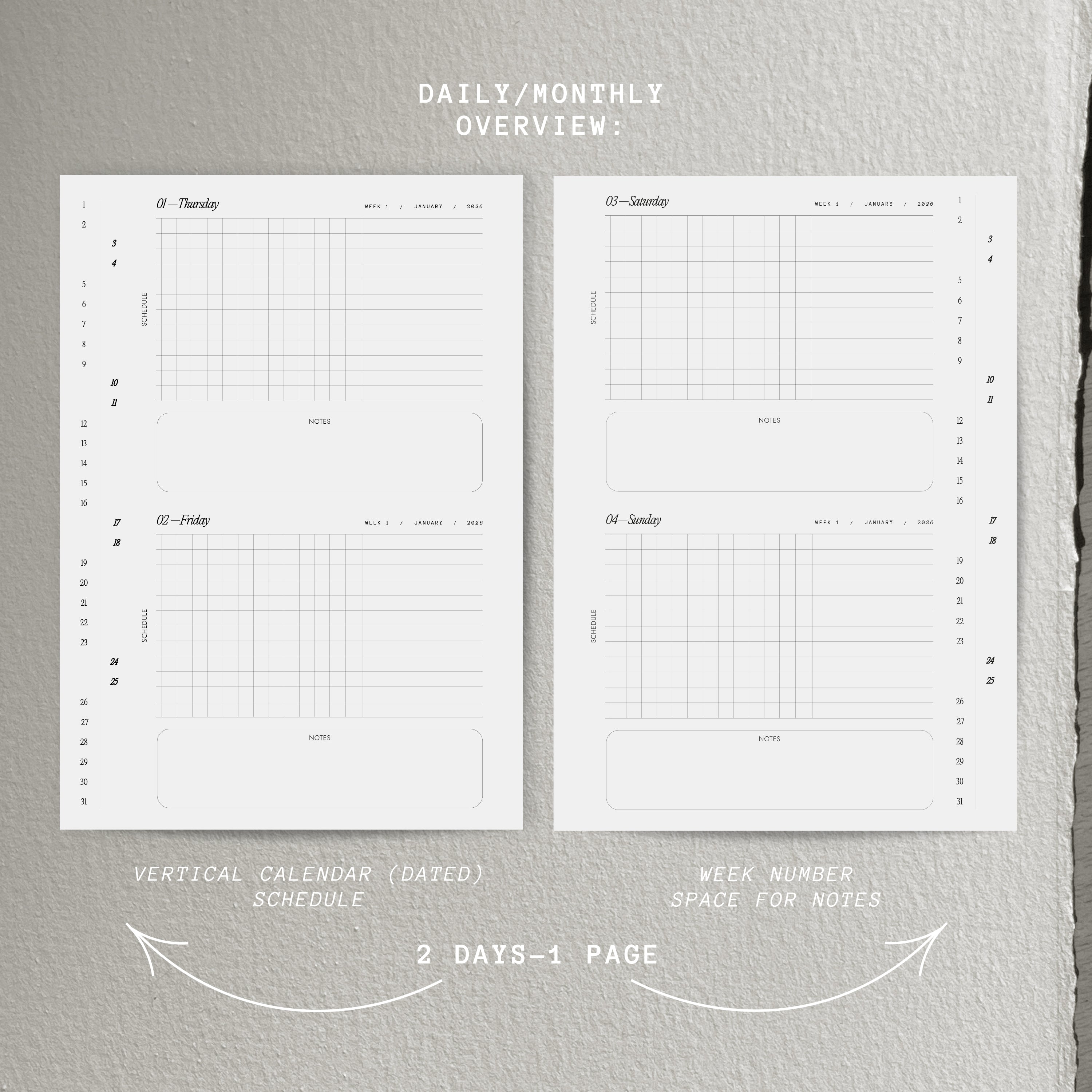 Calendar inserts dated 2026 — 2 days per page with monthly overview
