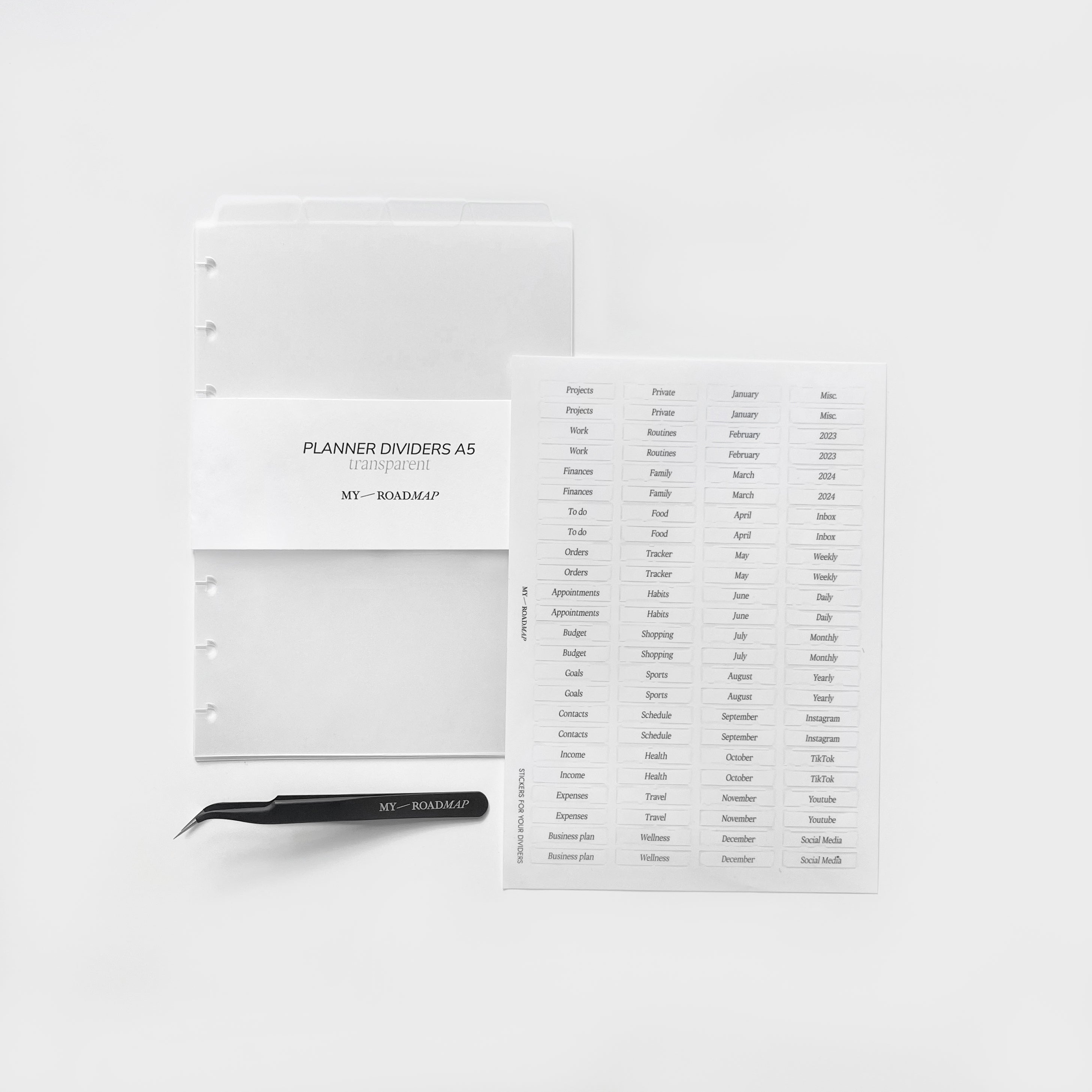 Discbound A5 Register frosted+Stickers transparent (schwarz Druck)+Pinzette