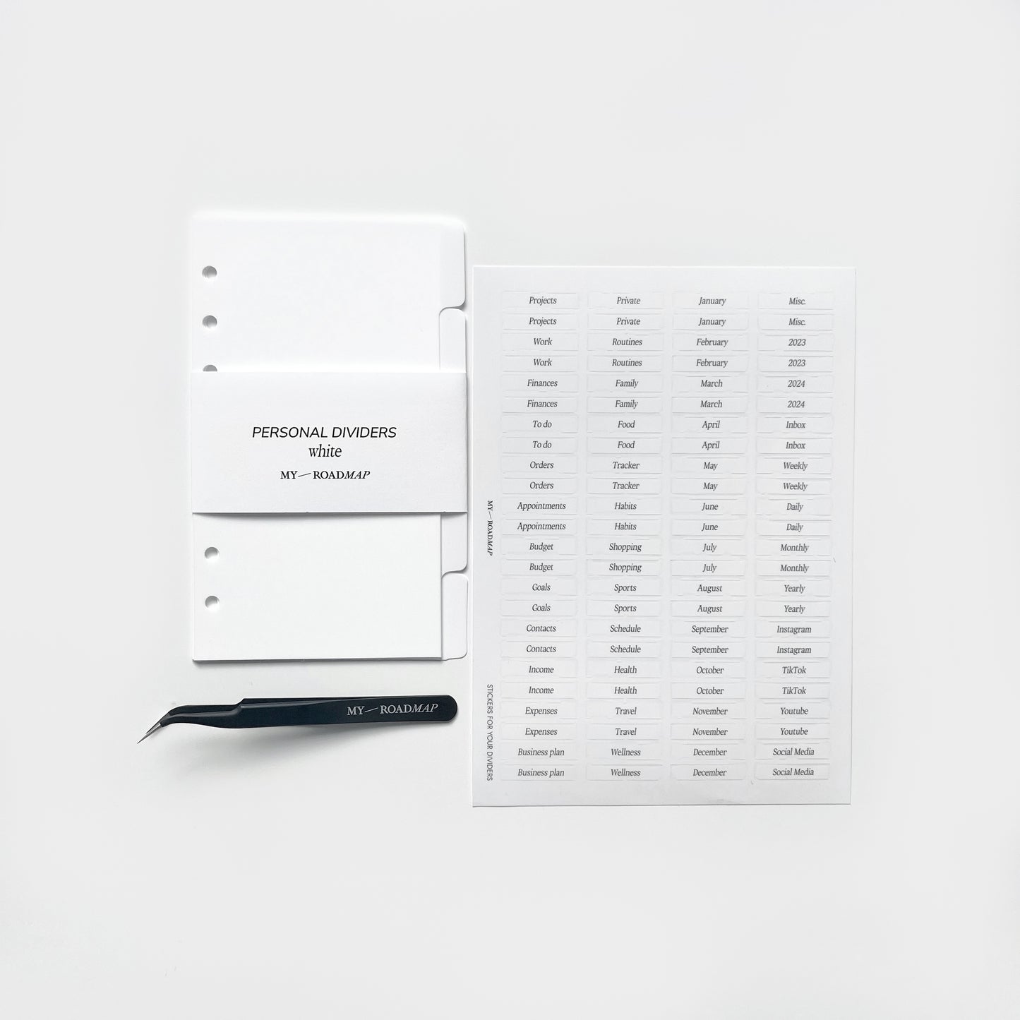 Divider white+Tab-Stickers transparent (black print)+Tweezer