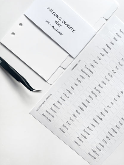 Divider white+Tab-Stickers transparent (black print)+Tweezer