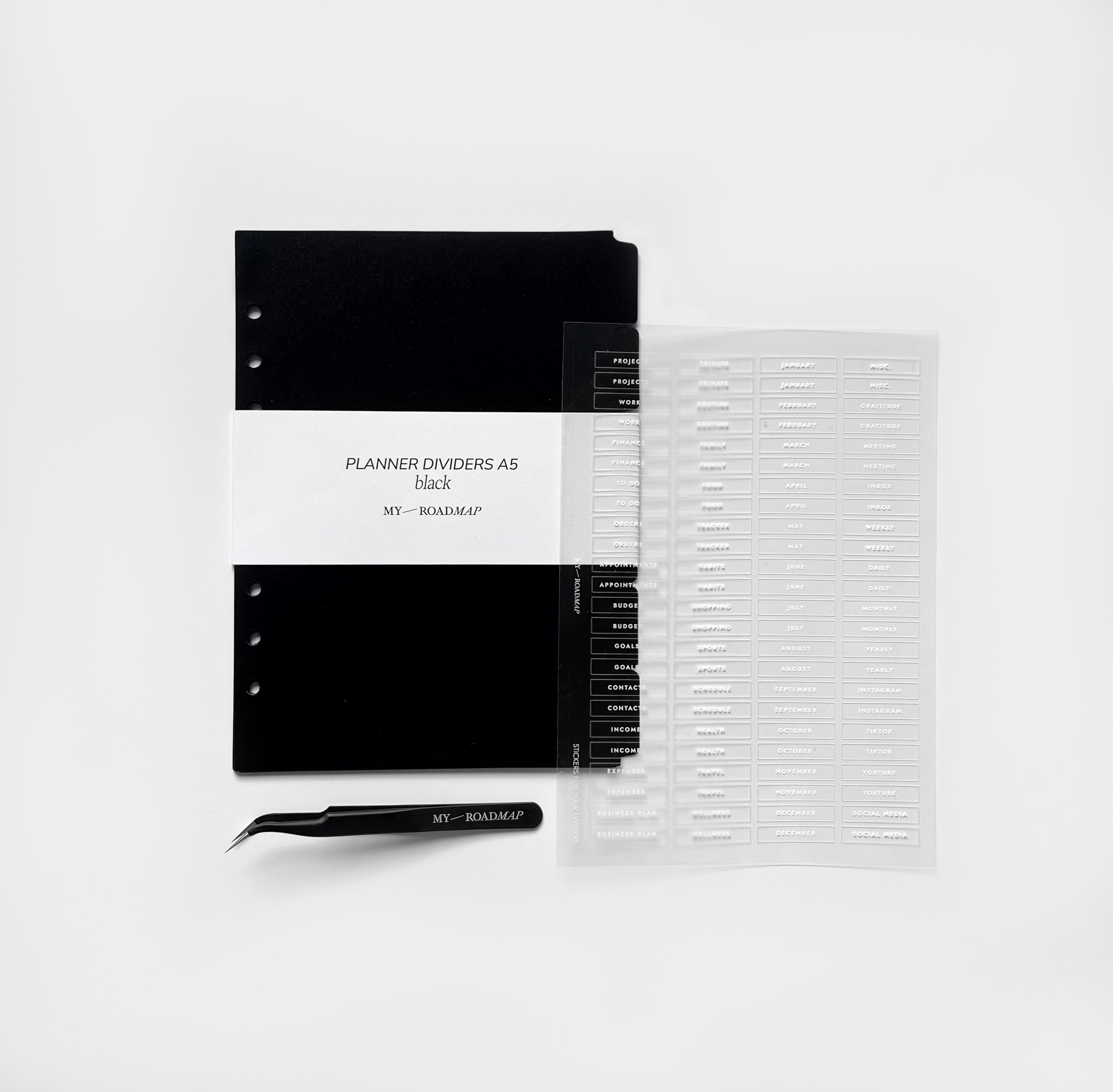 Dividers A5/Personal black + Tab stickers transparent (white print) + Tweezers